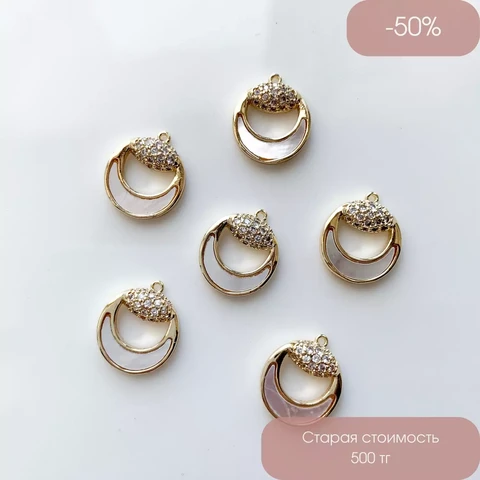 Подвеска Круглая с фианитами и перламутром позолота 14К 11х15 мм