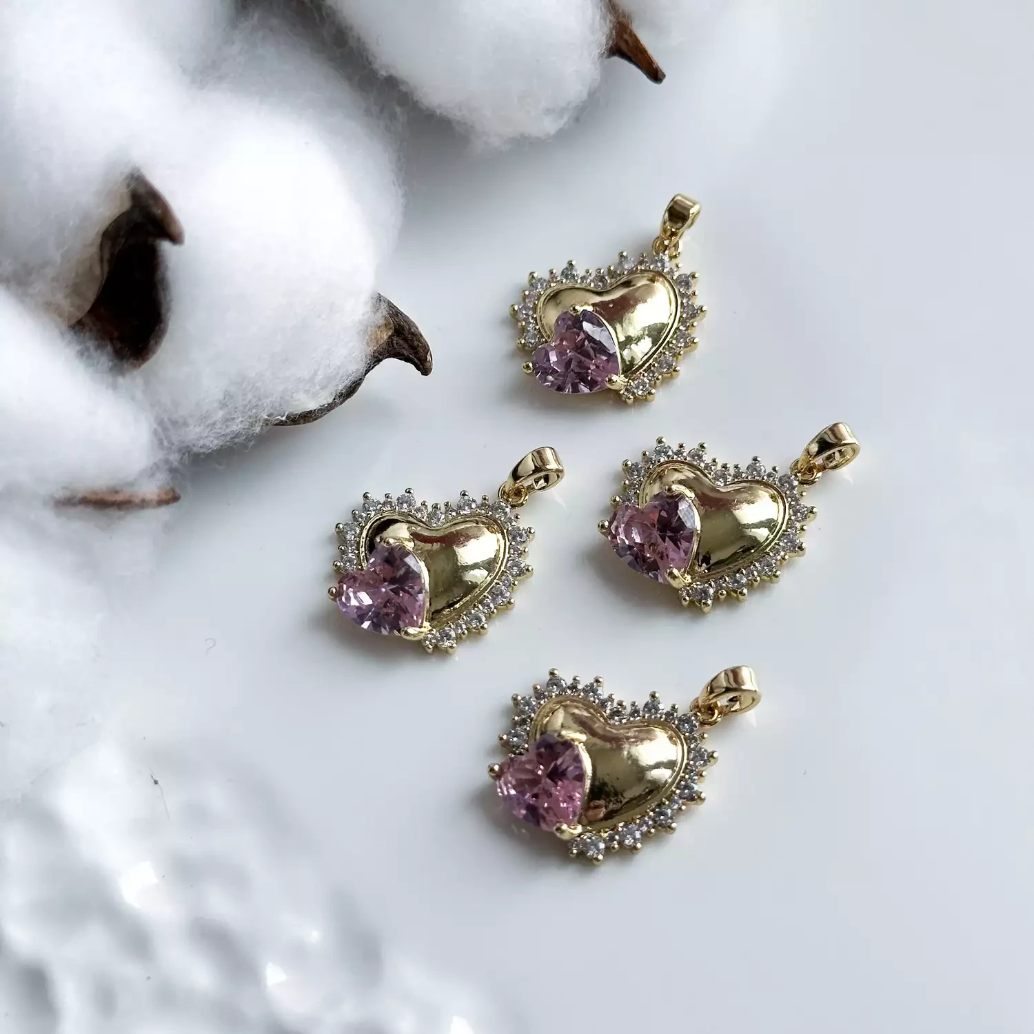 Подвеска Сердце с розовым сердцем и инкрустацией 18х24 мм позолота 14К