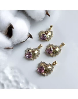 Подвеска Сердце с розовым сердцем и инкрустацией 18х24 мм позолота 14К, изображение 1