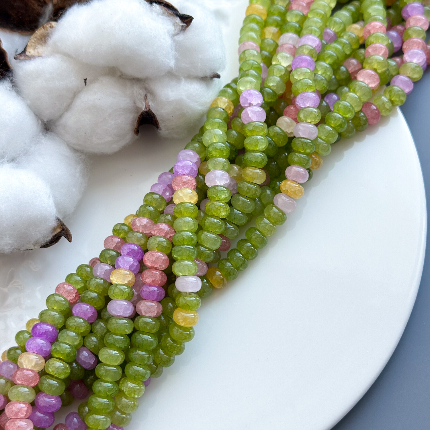 Бусины MIX плоские стекло 5х8 мм зелёно-жёлто-розовый полупрозрачный