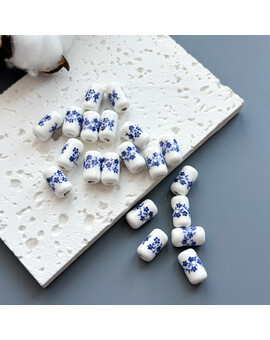 Бусина цилиндрическая с цветком керамика 10х17 мм синий (1 шт.), изображение 1