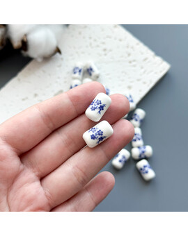 Бусина цилиндрическая с цветком керамика 10х17 мм синий (1 шт.), изображение 2