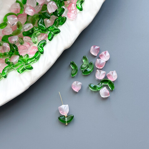 Бусины Тюльпан с листьями 9х9 мм/14х7 мм розовый